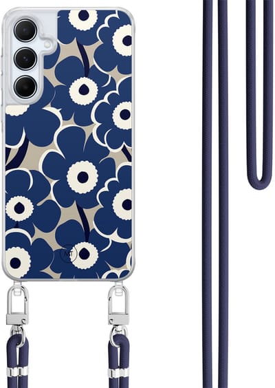 Hoesje met koord geschikt voor Samsung Galaxy A35 5G - Abstract bloom - Inclusief Donkerblauw koord - Crossbody beschermhoes - Transparant, Blauw - Mooie Telefoonhoesjes