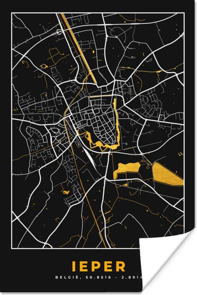 Poster Ieper - Plattegrond - Kaart - Stadskaart - Goud - 120x180 cm XXL
