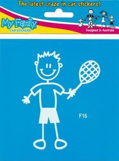 Vader met tennisracket - autosticker - wit - 10,8 cm