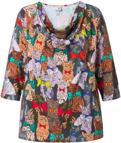 Ulla Popken - Dames - T-shirt honden waterval-coltrui 3/4-mouwen - Marine - Maat 54+