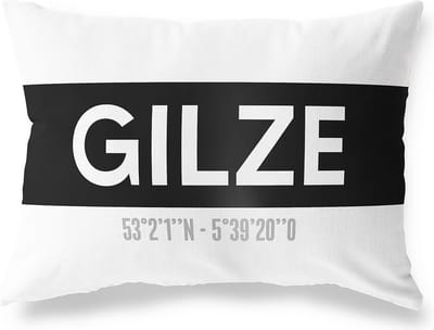 Tuinkussen GILZE - NOORD-BRABANT met coördinaten - Buitenkussen - Bootkussen - Weerbestendig - Jouw Plaats - Studio216 - Modern - Zwart-Wit - 50x30cm