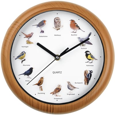 EASYmaxx wandklok met 12 zingende vogelliedjes met levensechte vogelmotieven | Automatische uitschakeling tussen 21.00 en 5.00 uur | Houten frame [AA-batterijen vereist]