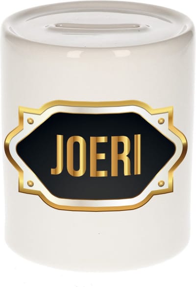Spaarpot met voornaam Joeri - wit - met goud/zwart embleem - 8 x 9 cm - keramiek - met afsluitdop - cadeau verjaardag