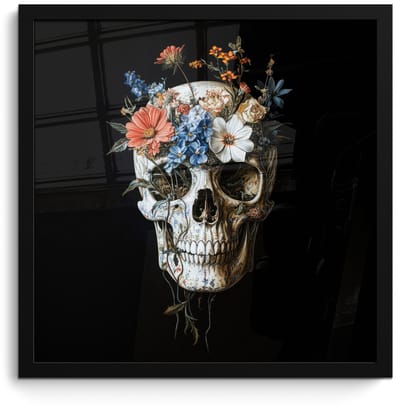 Poster in lijst - Fotolijst 40x40 cm - Posters - Bloemen - Schedel - Kleurrijk - Posterlijst zwart - Decoratie - Wanddecoratie woonkamer - Muurdecoratie slaapkamer