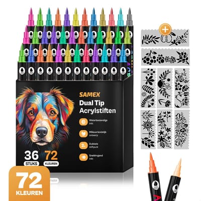 Samex Dualtip Acrylstiften – 72 kleuren – inclusief 8 sjablonen - verfstiften Happy Stones