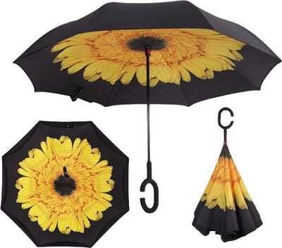 Allernieuwste.nl® Smartplu - Grote Storm Paraplu - Zwart met Gele Bloem. De omkeerbare innovatieve, ergonomische stormparaplu - 105cm - paraplu - 12288-F