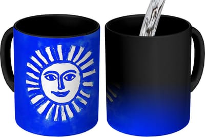 Magische Mok - Foto op Warmte Mokken - Koffiemok - Zon - Gezicht - Penseelstructuur - Blauw - Magic Mok - Beker - 350 ML - Theemok