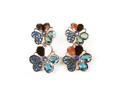 Oorringen Model Double Blossom zilveren oorringen oorbellen roos goud verguld gezet met blauwe stenen