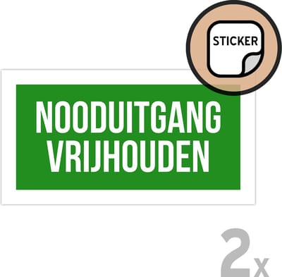 Pictogram/ stickers (2x) | "Nooduitgang vrijhouden" | 30 x 15 cm | Groen/ wit | Sticker | Calamiteit | 2 stuks