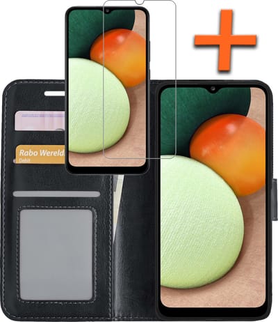 Hoes - Met Screenprotector - Geschikt voor Samsung Galaxy A02s - Luxe Pasjeshouder - Bookcase Portemonee - Flip Case - Kunstleer Book Case - Flipcase - Book Cover - Walletcase - PortemonneeHoes - Zwart