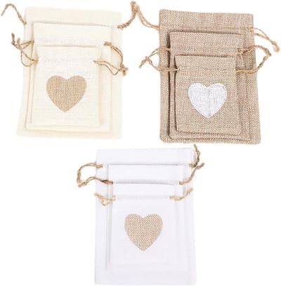 Jute Tassen in 3 Maten, 9 Stuks, Linnen Met Trekkoord, Kleine Cadeautassen voor Kinderfeestjes, DIY Geschenken en Trouwen - Beige en Witte Kleuren