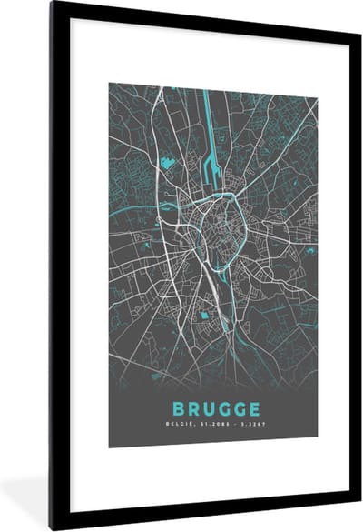 Fotolijst incl. Poster - Stadskaart – Grijs - Kaart – Brugge – België – Plattegrond - 60x90 cm - Posterlijst