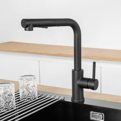 Cecipa Max Keukenkraan met Uittrekbare Uitloop - L-Vorm Driewegkraan - 360° Draaibaar - Mat Zwart RVS