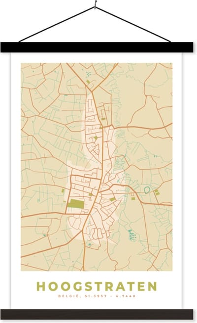 Posterhanger incl. Poster 40x60 cm - Schoolplaat - Vintage - Kaart - Plattegrond - Stadskaart - Hoogstraten - Textielposter - Zwarte latten - Stadskaart