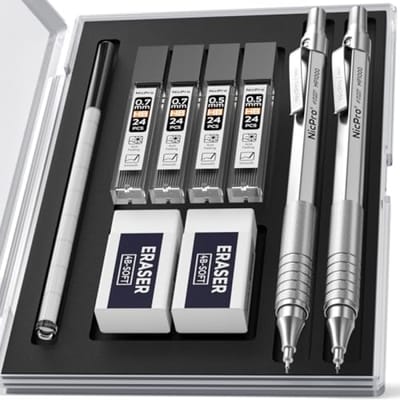 PromoHome Metalen mechanische potloden set 0,5 mm & 0,7 mm met etui, HB loodvulling en gummen - voor schrijven, tekenen en schetsen