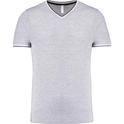 Grijs met blauw-wit t-shirt met streepje bij kraag en mouw V-hals merk Kariban maat 2XL
