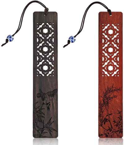 Dailygoods- Bladwijzers 2 stuks - Houten bladwijzers met bloemen/vogelmotief - Retro boekenleggers - Bladwijzerkwasten - Afmetingen 14,2 x 2,8 cm - Handgemaakt accessoire - Boekenlegger