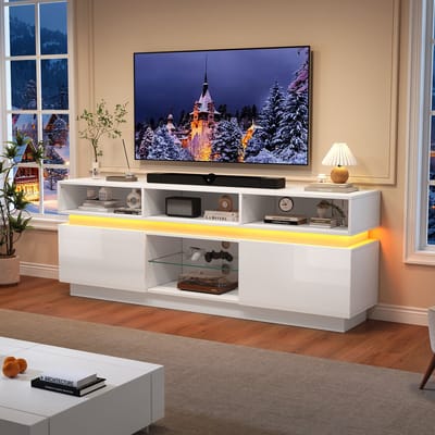 DESMIU Tv Meubel - Hoogglans Front Met Ledverlichting En Opbergruimte - Voor Woonkamer En Kleine Ruimtes - Mdf En Glas - 160x35x60 Cm - Wit