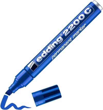 Edding 2200W permanente marker, blauw, wigvormige punt, 1-5 mm, sneldrogend, water- en veegbestendig, voor karton, kunststof, hout, metaal, universele marker