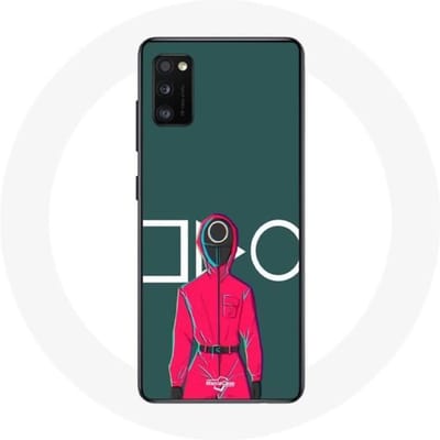 Samsung Galaxy A41 Hoesje Inktvis Spel Rode Soldaat met Cirkelmasker Groene Achtergrond rood