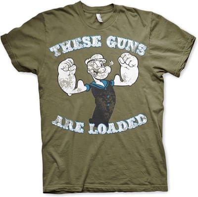 Popeye T-shirt 'These Guns Are Loaded' - olijfgroen