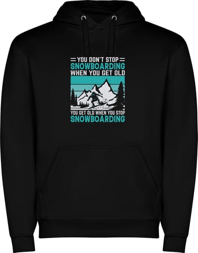 Zwarte unisex hoodie met “ Kleurrijke Do not stop Snowboard when you are old – Wintersport “ Print Full Color Color merk Roly maat S