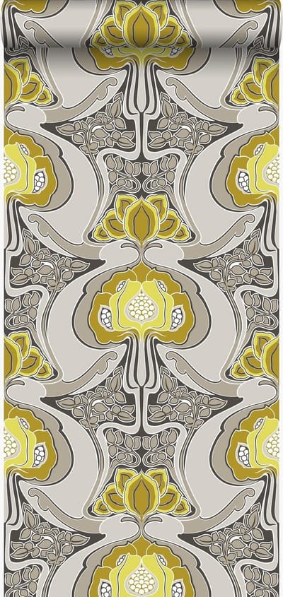 Origin Wallcoverings behang jugendstil bloemmotief okergeel en grijs - 53 cm x 10.05 m - 347206
