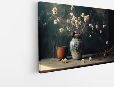 Saammp Canvas Schilderij - Stilleven - Witte Bloemen - Natuur - Abstract - 45x30 - Foto op canvas - Wanddecoratie - Muurdecoratie Woonkamer - Kantoor Decoratie