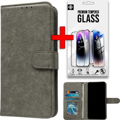 Casemania Hoesje Geschikt voor Samsung Galaxy A15 - Grijs + Tempered Glazen Screenprotector - Luxe Portemonnee Book Case