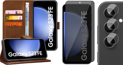 Hoesje geschikt voor Samsung Galaxy S23 FE - Privacy Screenprotector Volledig Dekkend Glas & Camera - Portemonnee Book Case Bruin