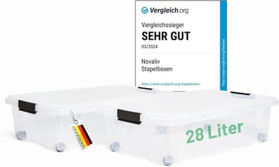Novaliv 2x Onderbed Ladekast met Wielen 28L Opbergdoos Deksel Transparant Nestbaar Stapelbaar met Clipsluiting Rolbox BPA-vrij 61x40x17 cm