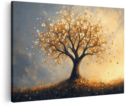 Artaza Canvas Schilderij Herfstboom Met Vallende Bladeren - Abstracte Kunst - 90x60 cm - Wanddecoratie Woonkamer - Schilderijen - Muurdecoratie
