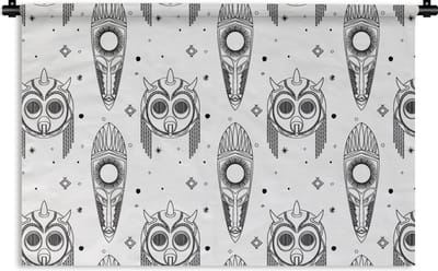 Wandkleed - Wanddoek - Maya - Maskers - Zwart-Wit - Patroon - 90x60 cm - Wandtapijt