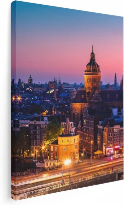 Artaza Canvas Schilderij Skyline Amsterdam - 30x40 cm - Klein - Wanddecoratie Stad - Muurdecoratie Zonsondergang - Kamer Accessoires Grachten