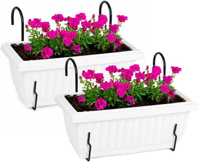 Plasticforte plantenbakken Windsor - set 2x stuks - wit - met twee ophangbeugels - 33 x 18 x 15 cm - kunststof - luxe bloembakken
