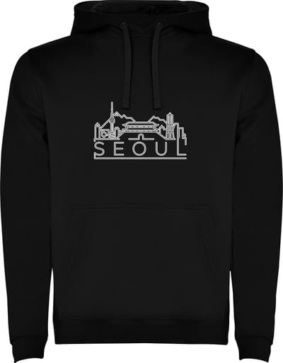 Zwarte unisex hoodie met “ Skyline Seoul – Vakantiegevoel – Strak – Modern “ Print Full Color Color merk Roly maat S