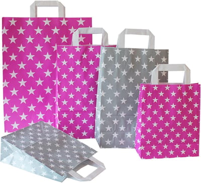 Papieren Draagtassen - Platte Handvatten - Winkelen en Opslag - Stevig Papier - 25 Stuks - Roze Sterren