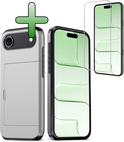 Hoes Geschikt voor iPhone Air Hoesje Hard Case Met Pas Houder Met Screenprotector - Hoesje Geschikt voor iPhone Air Hoes Shockproof Hard Cover Met Kaarthouder - Grijs