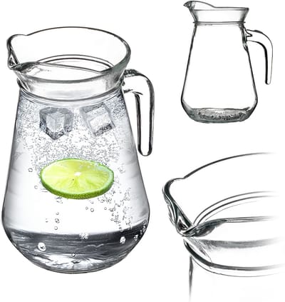 KADAX Kruk, glazen kan, glazen kan van robuust glas 1,3 l, waterkan met uitloop en handige handgreep, glazen karaf voor koude dranken, sap, melk, ijsthee, transparant (Teddy)
