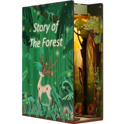 Tonecheer Story of The Forest Book Nook Bouwpakket - Modelbouw - 18,2 x 8 x 24,5 cm - Houten 3D Puzzel - Boekensteun - LED-licht - Bewegingssensor Licht - Boekenhouder