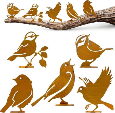 Set van 5 Patina Vogels voor in de Tuin, Weerbestendige Decoratie voor Bomen en Hekken, Metalen Tuinfiguren voor Buitengebruik en Lenteversiering