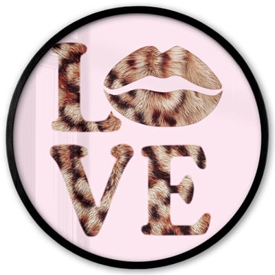 Poster in lijst Rond - Fotolijst 40x40 cm - Posters - Tekst - Love - Pantervacht - Lichtroze - Ronde posterlijst zwart - Decoratie - Wanddecoratie woonkamer - Muurdecoratie slaapkamer