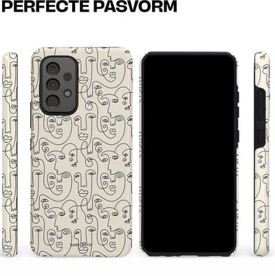 Casetastic hoesje geschikt voor Samsung Galaxy A52 (2021) 5G / Samsung Galaxy A52 (2021) 4G - Dubbellaagse bescherming - Art Deco Creme Abstractie Lijntekening Gezichten - Fashion Case - Zilver Crème Wit
