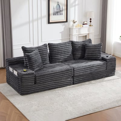 DESMIU Slaapbank 273 Cm - Vrij Combineerbaar Met Hoge Rugleuning, Kussens, Zijvakken En Bekerhouders - Voor Woonkamer - Corduroy Donkergrijs