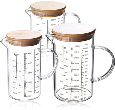 Maatbekers van glas, 350 ml + 500 ml + 1000 ml glazen maatbeker met nauwkeurige schaal, bamboedeksel en handvat, hittebestendig borosilicaatglas voor keuken, laboratorium, bakken, mixen