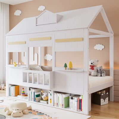 Sweiko Kinderbed - 90 x 200 cm - Huisvorm - Met boekenplank - Halfhoogslaper - Grenenhout + MDF - Wit