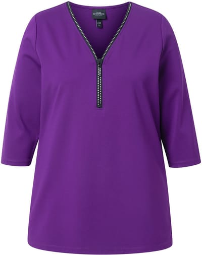 Ulla Popken - Dames - Punto shirt A-lijn rits V-hals 3/4-mouw - Donker lelie - Maat 42+