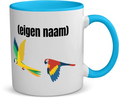Akyol - 2 vliegende papegaaien koffiemok - theemok - blauw - Papegaai - papegaai liefhebbers - met eigen naam - papegaai spullen - gepersonaliseerd - 350 ML inhoud