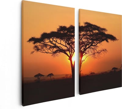 Artaza Canvas Schilderij Tweeluik Zonsondergang Achter Een Savanne Boom - 80x60 - Foto Op Canvas - Canvas Print