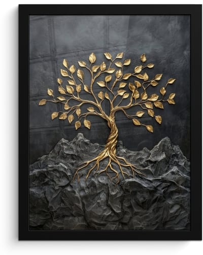 Poster in lijst - Fotolijst 30x40 cm - Posters - Bladeren - Goud - Boom - Rots - Posterlijst zwart - Decoratie - Wanddecoratie woonkamer - Muurdecoratie slaapkamer
